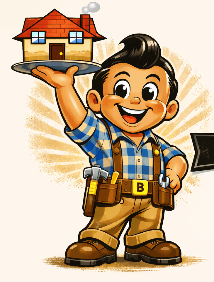 Bob, a smiling cartoon contractor in a plaid shirt and tool belt, holding up a little house on a tray